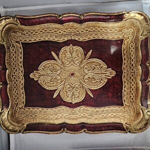 Ornate Gold and Burgundy Decorative Tray